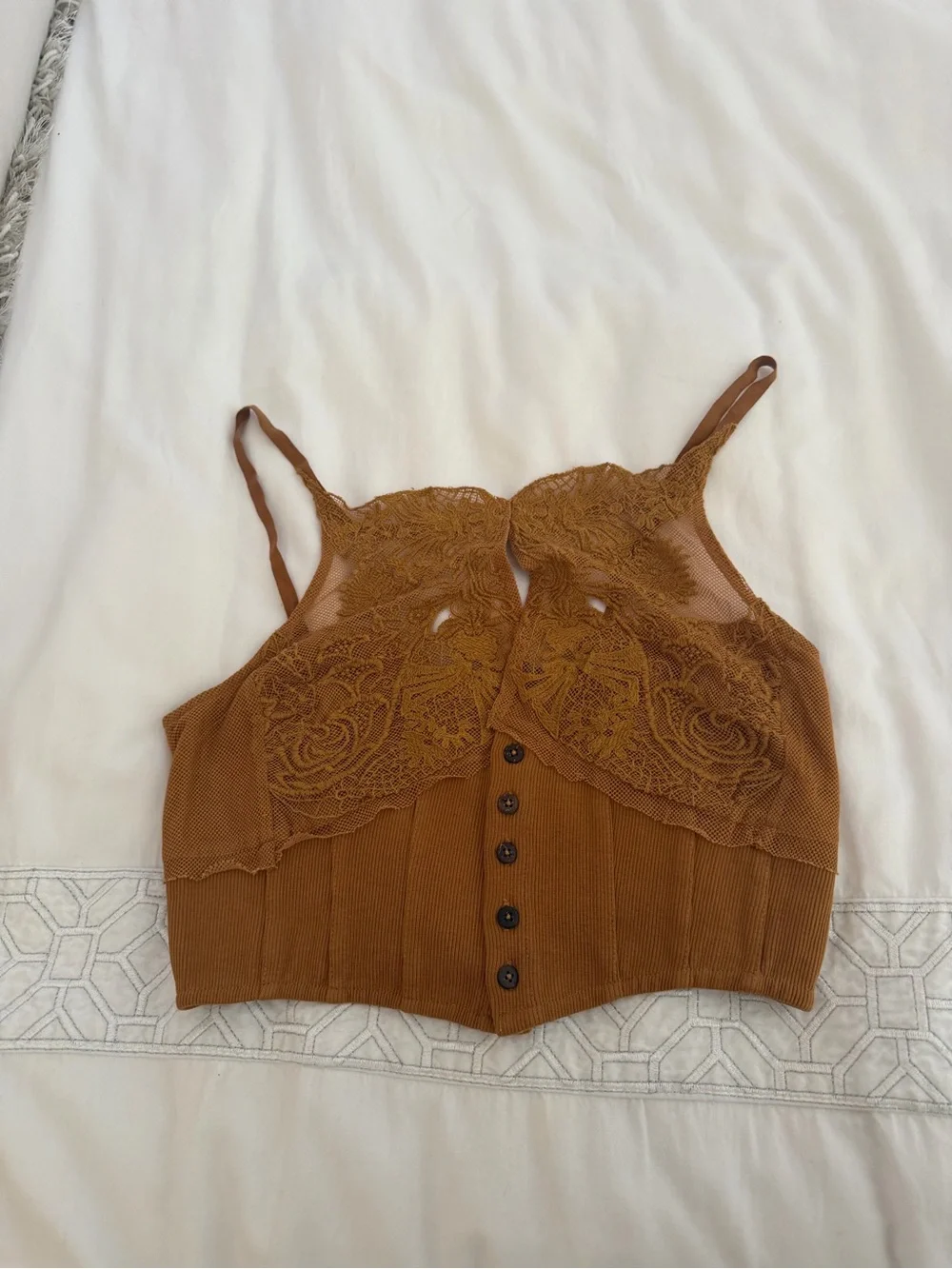 Free People Lace-Trim Button Ribbed Cami in Copper